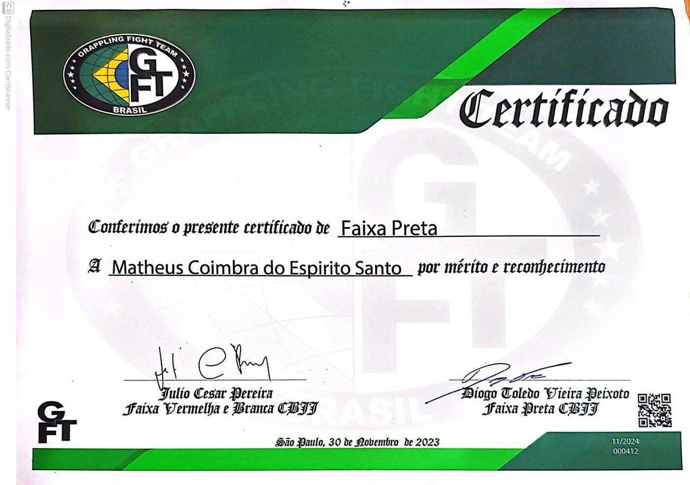 Certificado de faixa preta emitido pela GFTeam Brasil